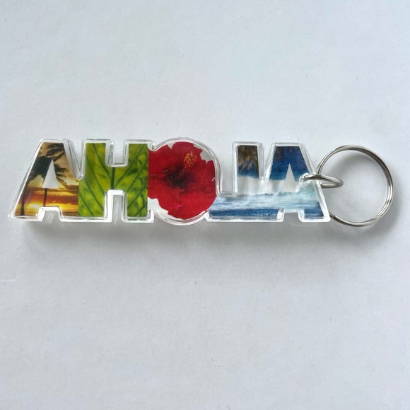 NWOT Aloha Hawaii Picture Flower Beach Key Chain Ring Holder Clear Plastic Word - Picture 3 of 3